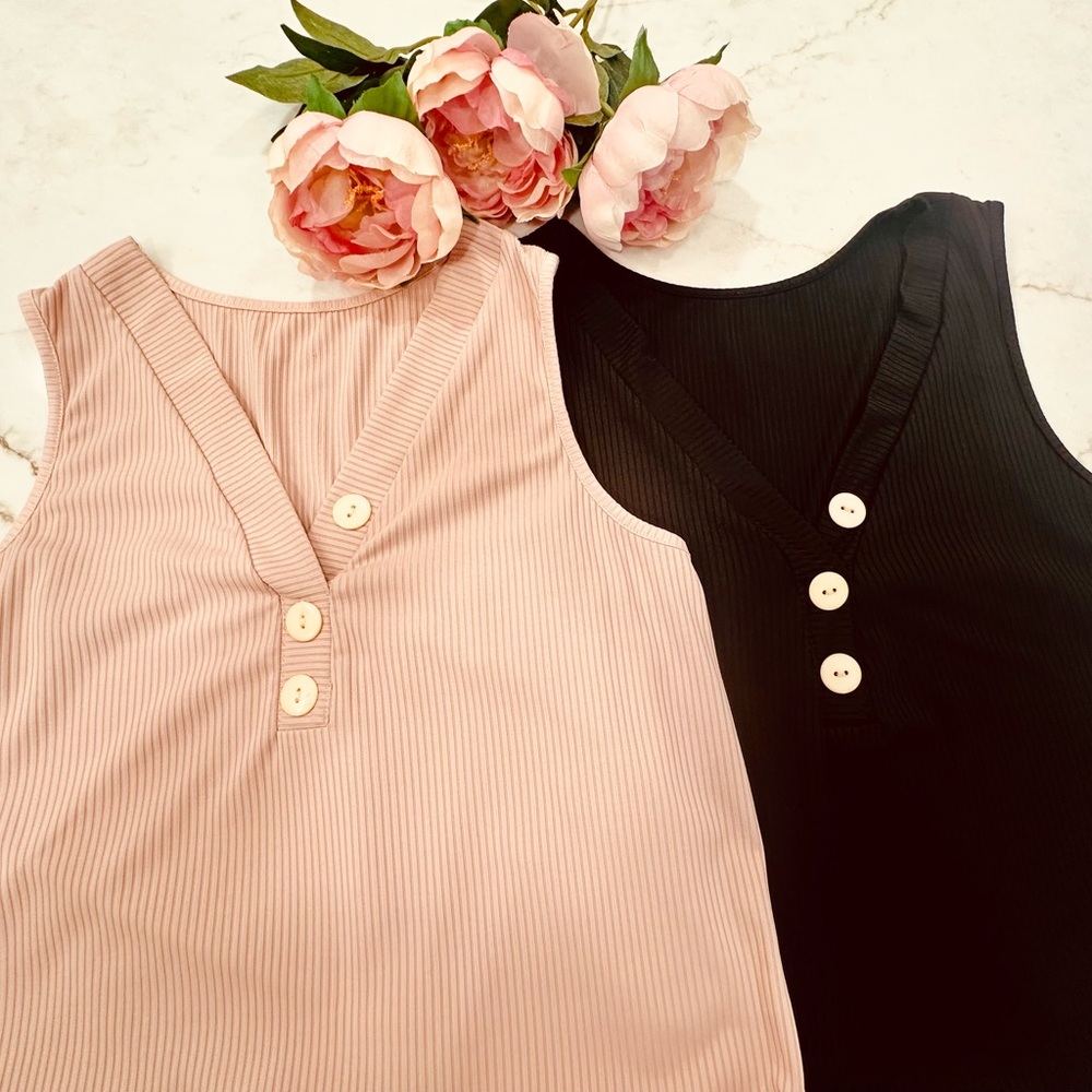 Silky Soft Ribbed Tanks: Blush/Black V-neck, (sold as set) Longer Length Size:L